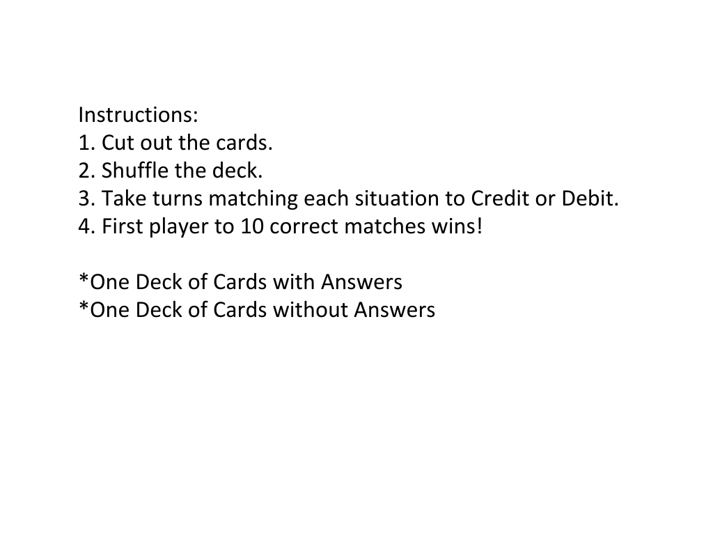 Credit vs. Debit Game Card Deck