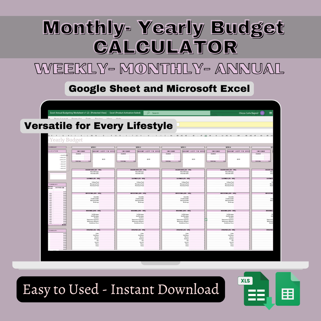 Weekly - Monthly - Annual Budget Calculator V1 Expenses Tracker Cashflow Total Summary Spending Allocation Monthly Cashflow Weekly Budget