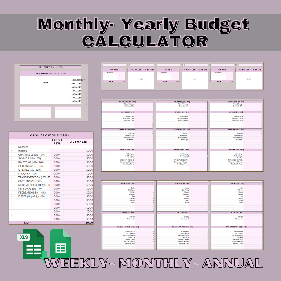 Weekly - Monthly - Annual Budget Calculator V1 Expenses Tracker Cashflow Total Summary Spending Allocation Monthly Cashflow Weekly Budget