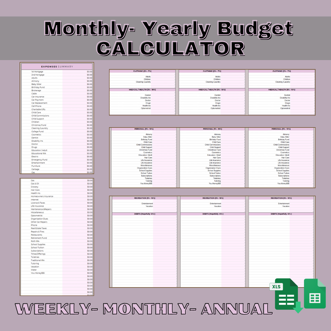 Weekly - Monthly - Annual Budget Calculator V1 Expenses Tracker Cashflow Total Summary Spending Allocation Monthly Cashflow Weekly Budget