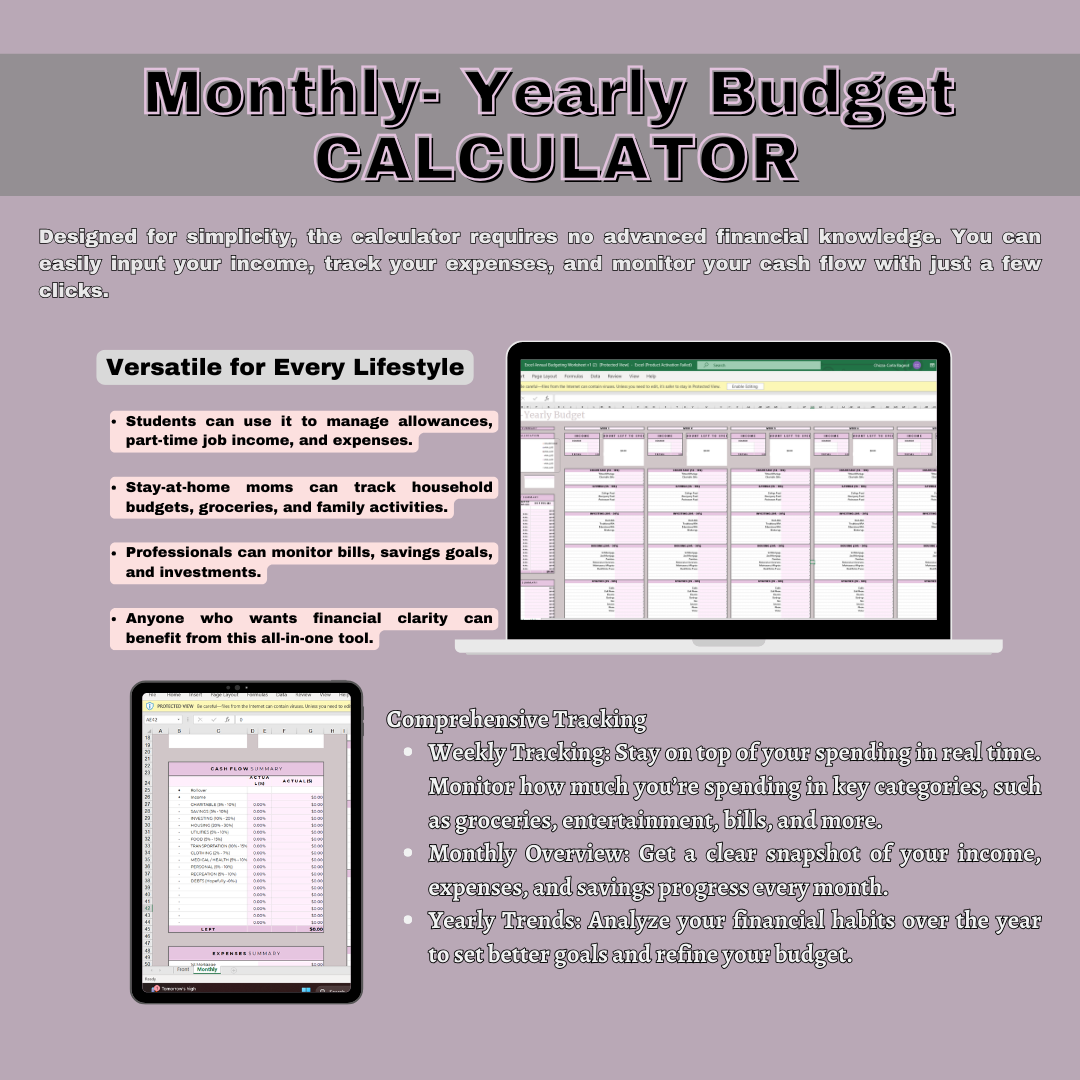 Weekly - Monthly - Annual Budget Calculator V1 Expenses Tracker Cashflow Total Summary Spending Allocation Monthly Cashflow Weekly Budget