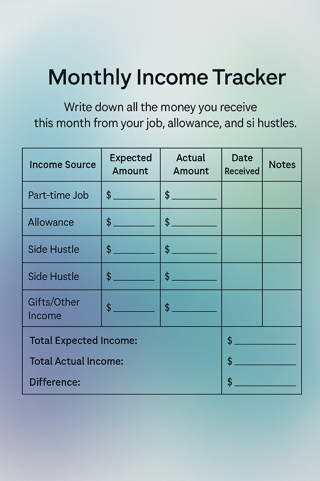 Personal Budget Planner for Teens | High School Money Management