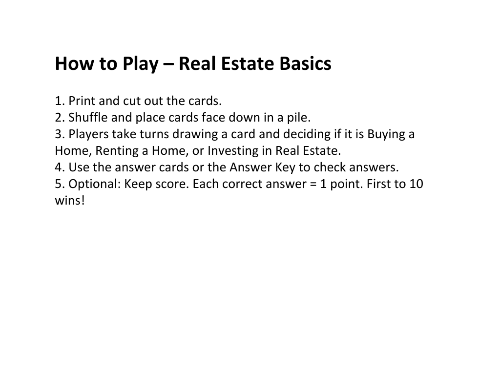 Real Estate Basics Card Deck Game