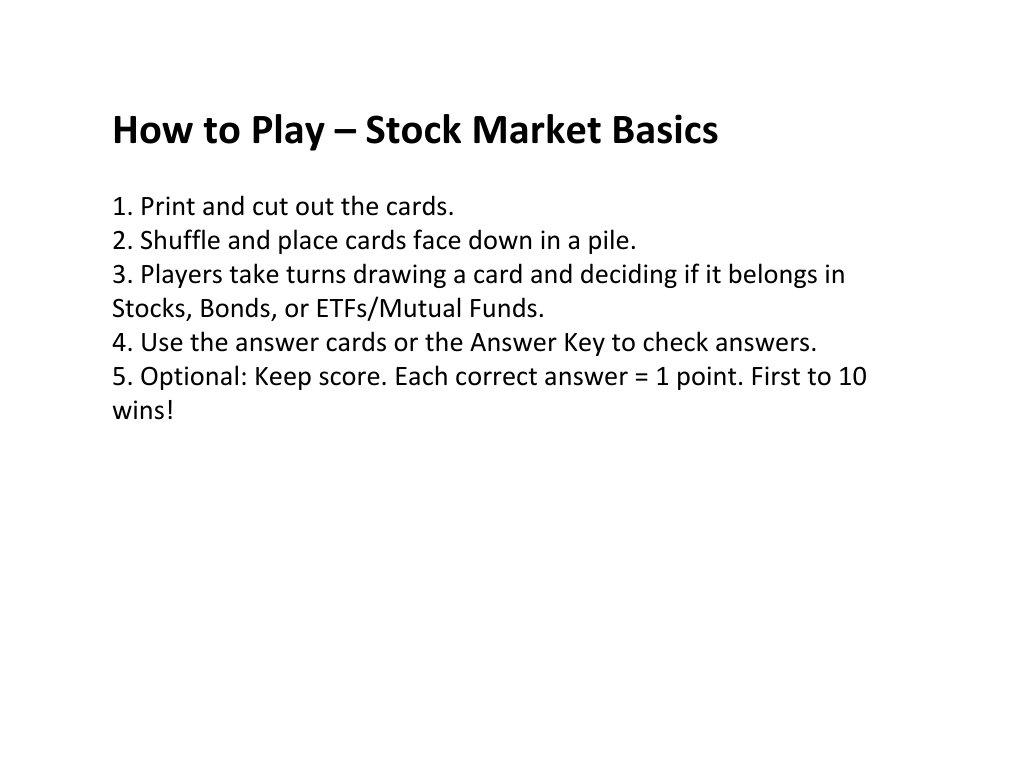 Stock Market Basics Game Card Deck