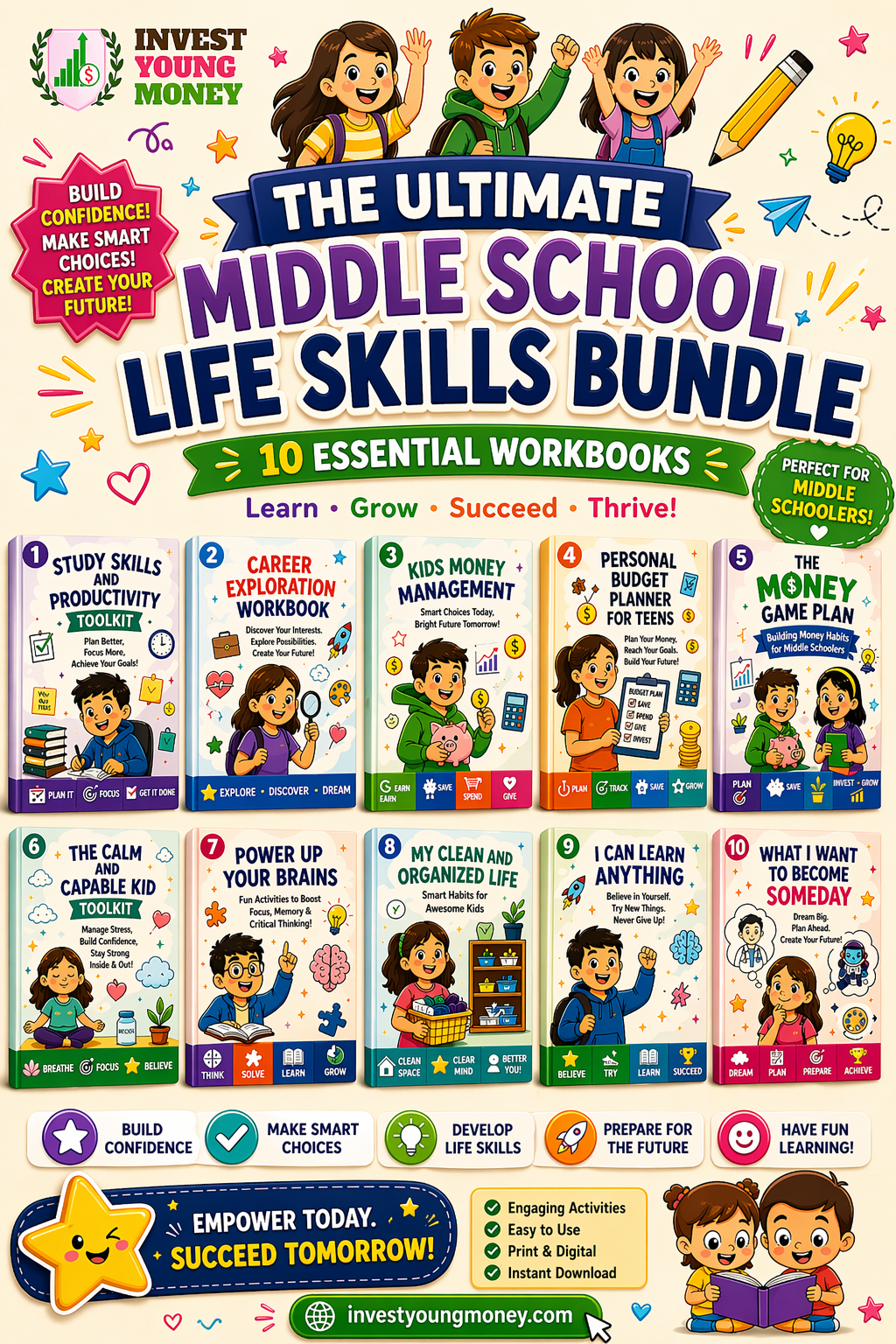 Middle School Life Skills Workbook Bundle | Teen Success Guide | Financial Literacy, Budgeting, Study Skills | Printable PDF Pack