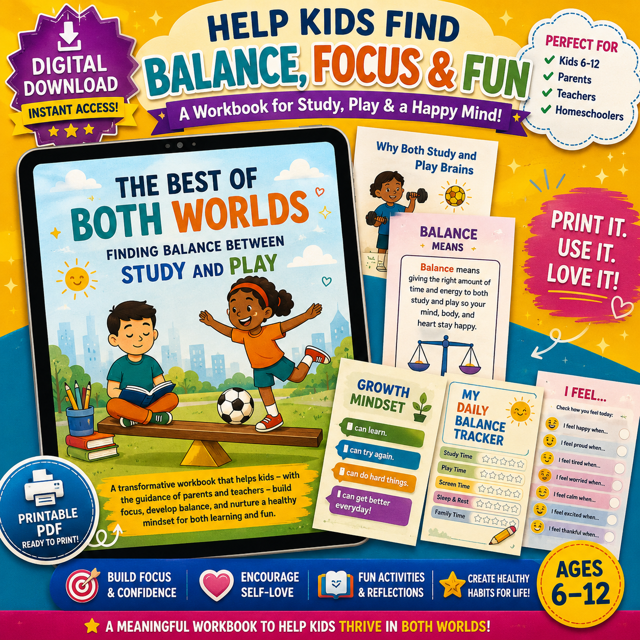 Study and Play Balance Workbook for Kids | The Best of Both Worlds | Printable Kids Workbook | Time Management & Focus Planner | Digital PDF