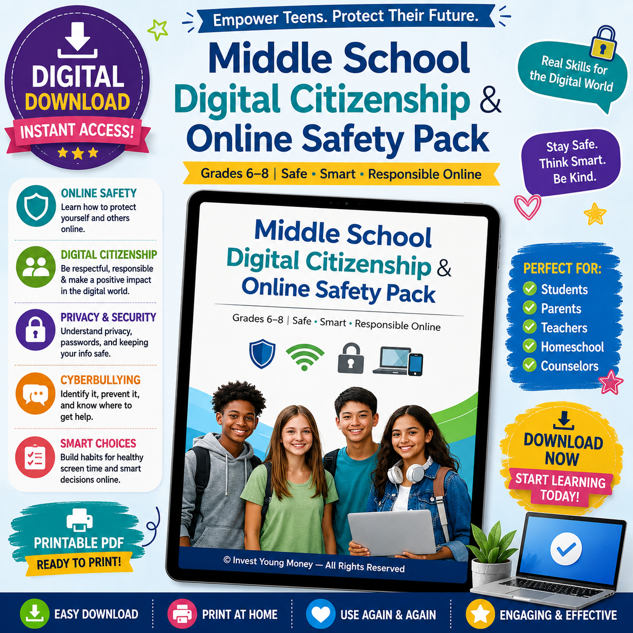 Middle School Digital Citizenship & Online Safety Pack | Printable PDF