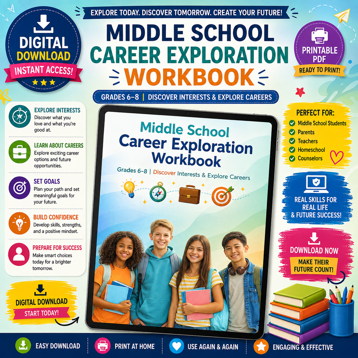 Middle School Career Exploration Workbook (Grades 6–8) | Life Skills & Career Readiness Printable PDF