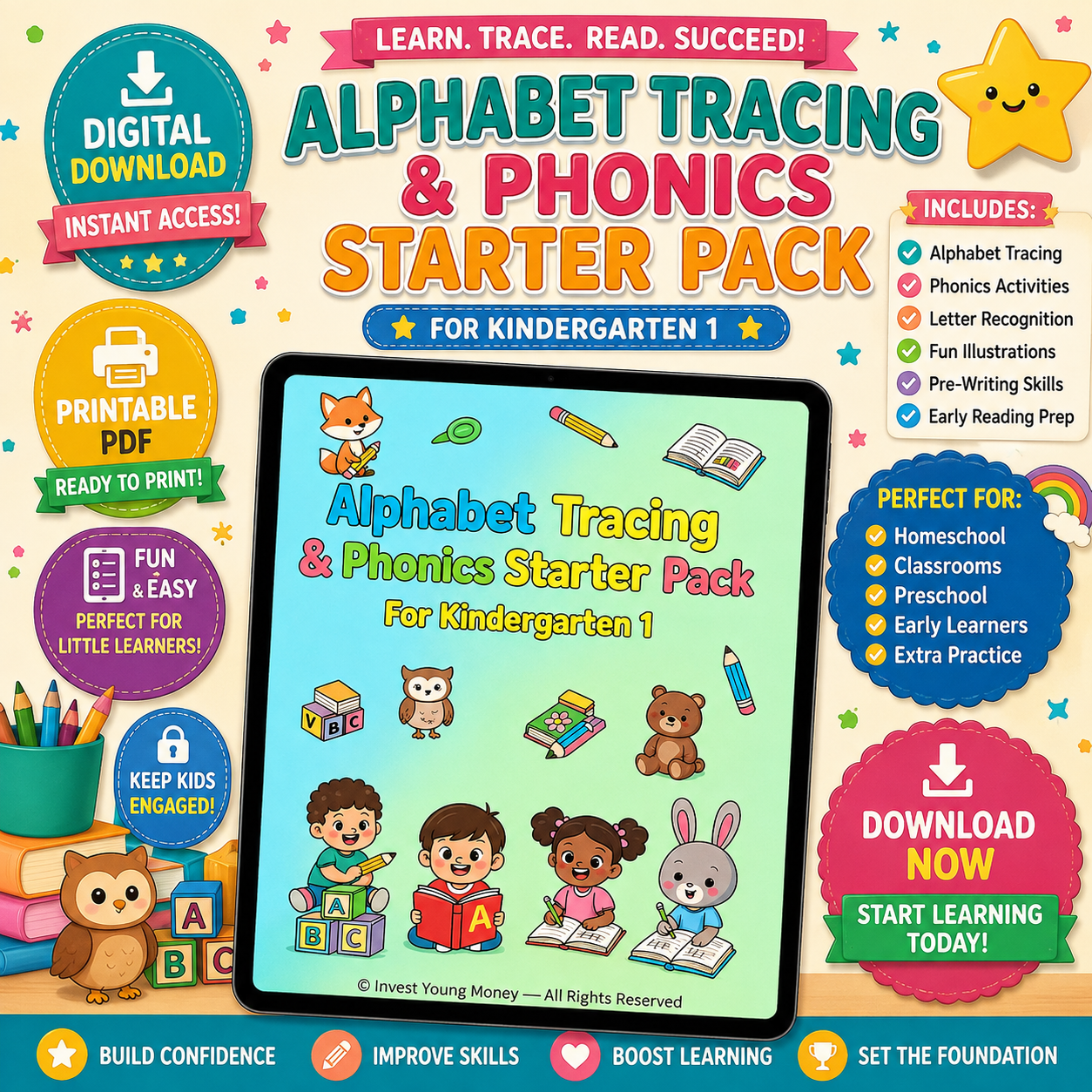 Alphabet Tracing & Phonics Starter Pack | Kindergarten Literacy Printable