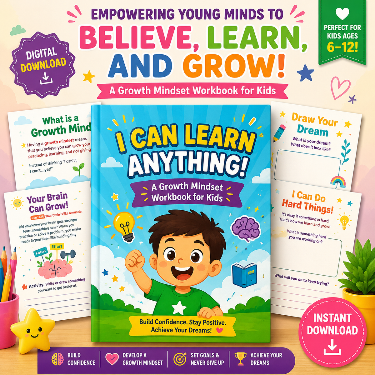 Growth Mindset Printable |I Can Learn Anything Workbook | Self-Confidence Activities for Kids | Social-Emotional Learning PDF