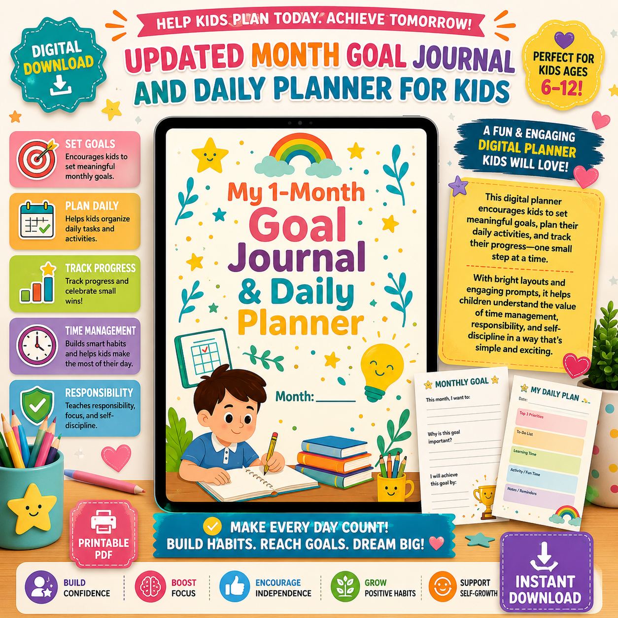 Kids Goal Journal & Daily Planner Printable PDF | Goal Setting Workbook | Time Management Activities | Homeschool Planner