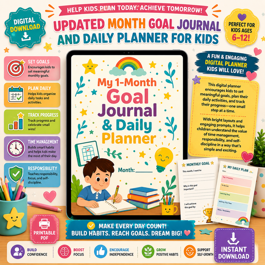 Kids Goal Journal & Daily Planner Printable PDF | Goal Setting Workbook | Time Management Activities | Homeschool Planner
