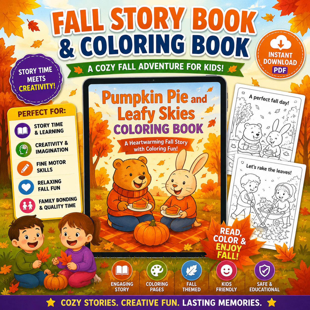 Pumpkin Pie and Leafy Skies Coloring Book | Fall Story & Coloring Book for Kids | Autumn Printable PDF Activities