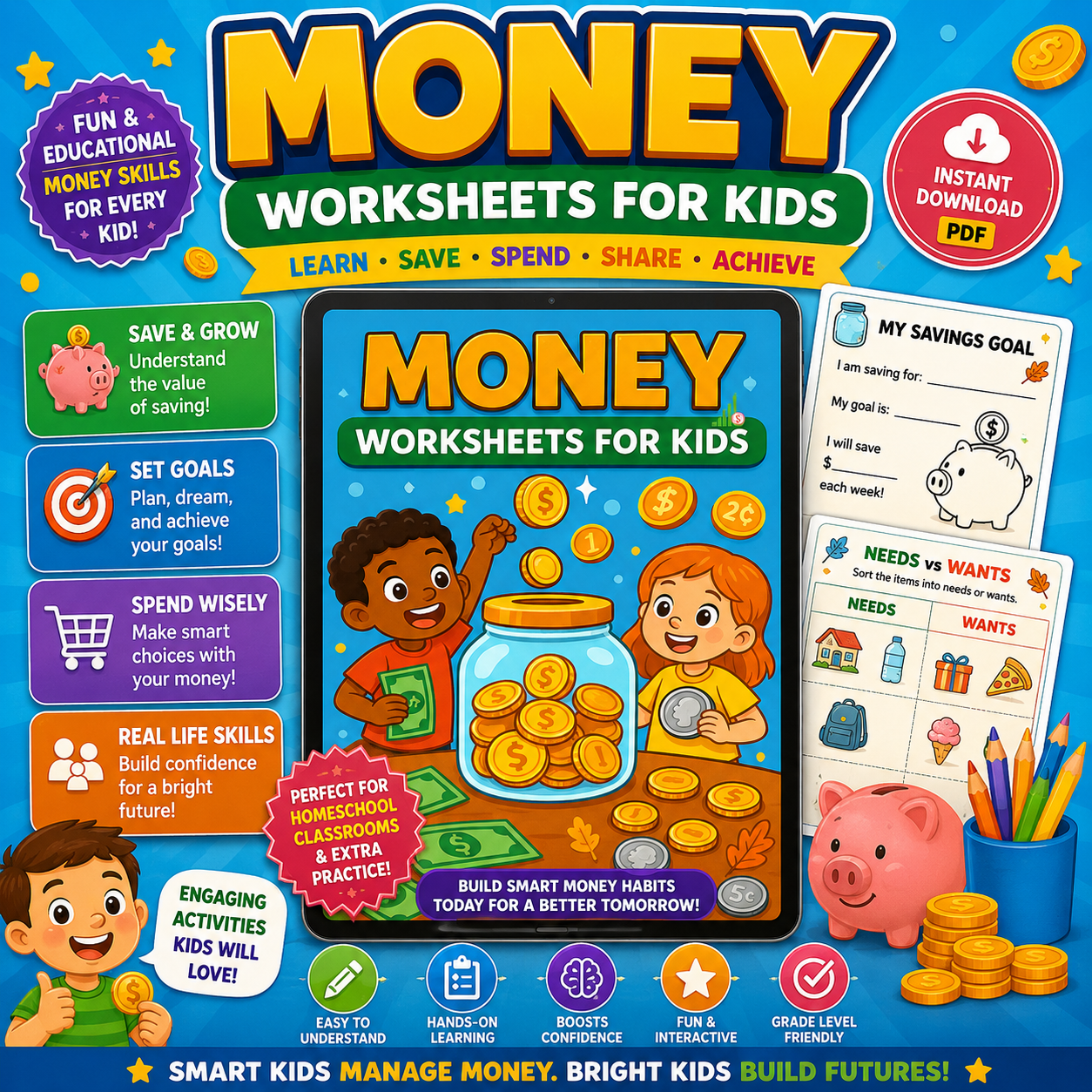 Financial Literacy Worksheets for Kids | Money Activities Workbook | Printable PDF | Elementary Saving & Budgeting Lessons