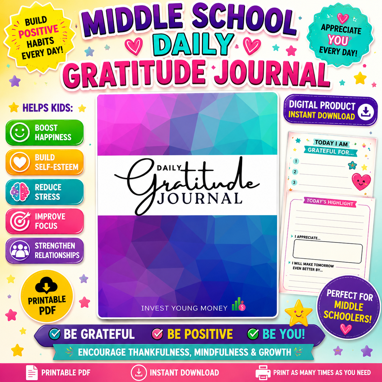 Teen Gratitude Journal | Daily Reflection & Mindfulness Journal | Printable PDF | Self-Care & Positive Mindset Workbook