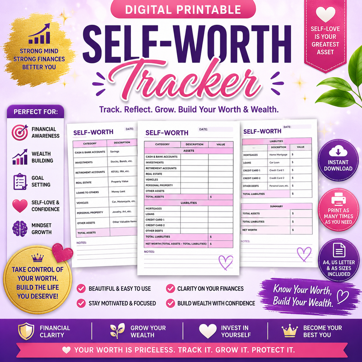 Self-Worth and  Wealth Building Printable | Printable PDF | Self-Esteem, Confidence, Growth Mindset and Goal Setting Journal