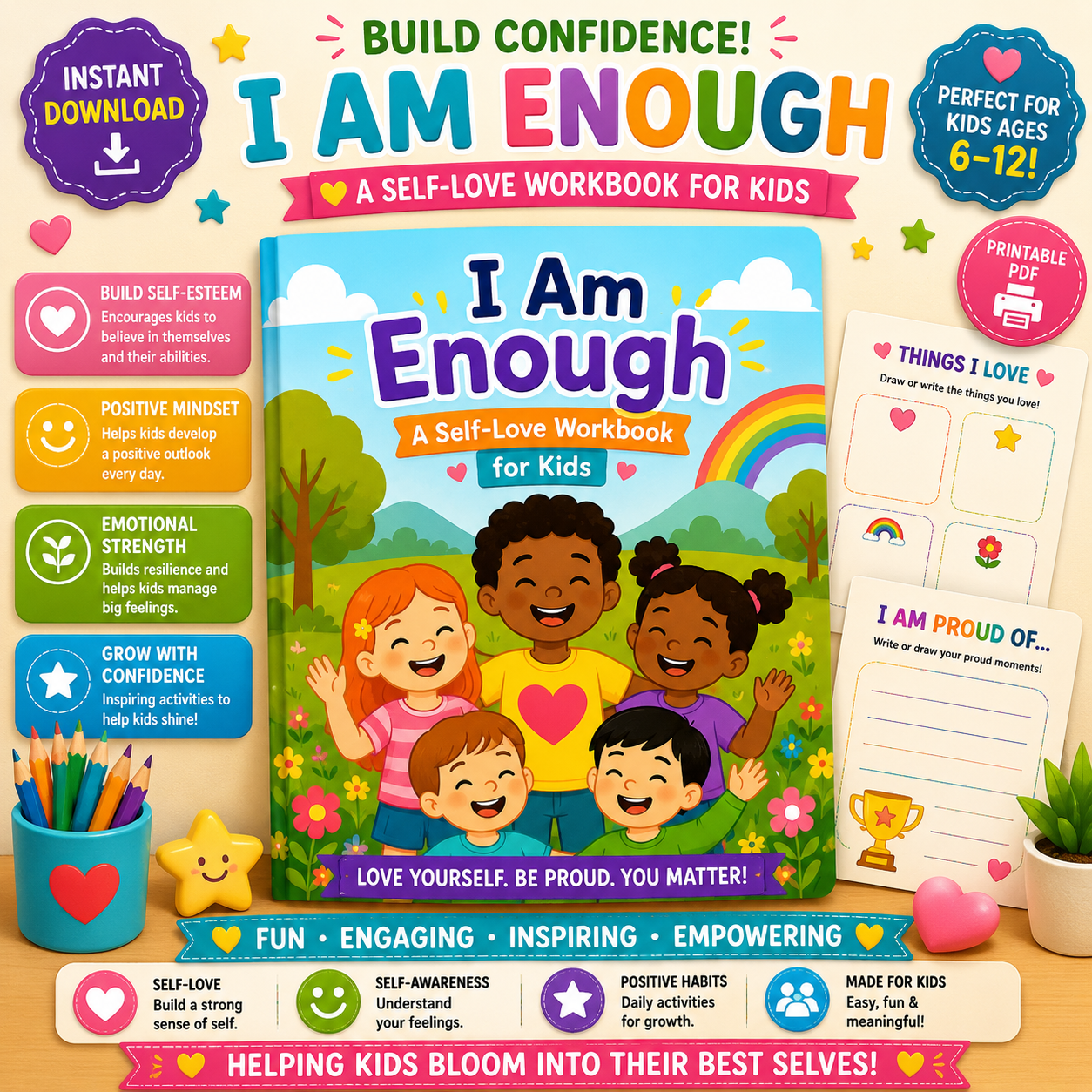 Self-Worth Workbook for Kids | Confidence, Resilience, Positive Affirmations & Character Building | Elementary PDF