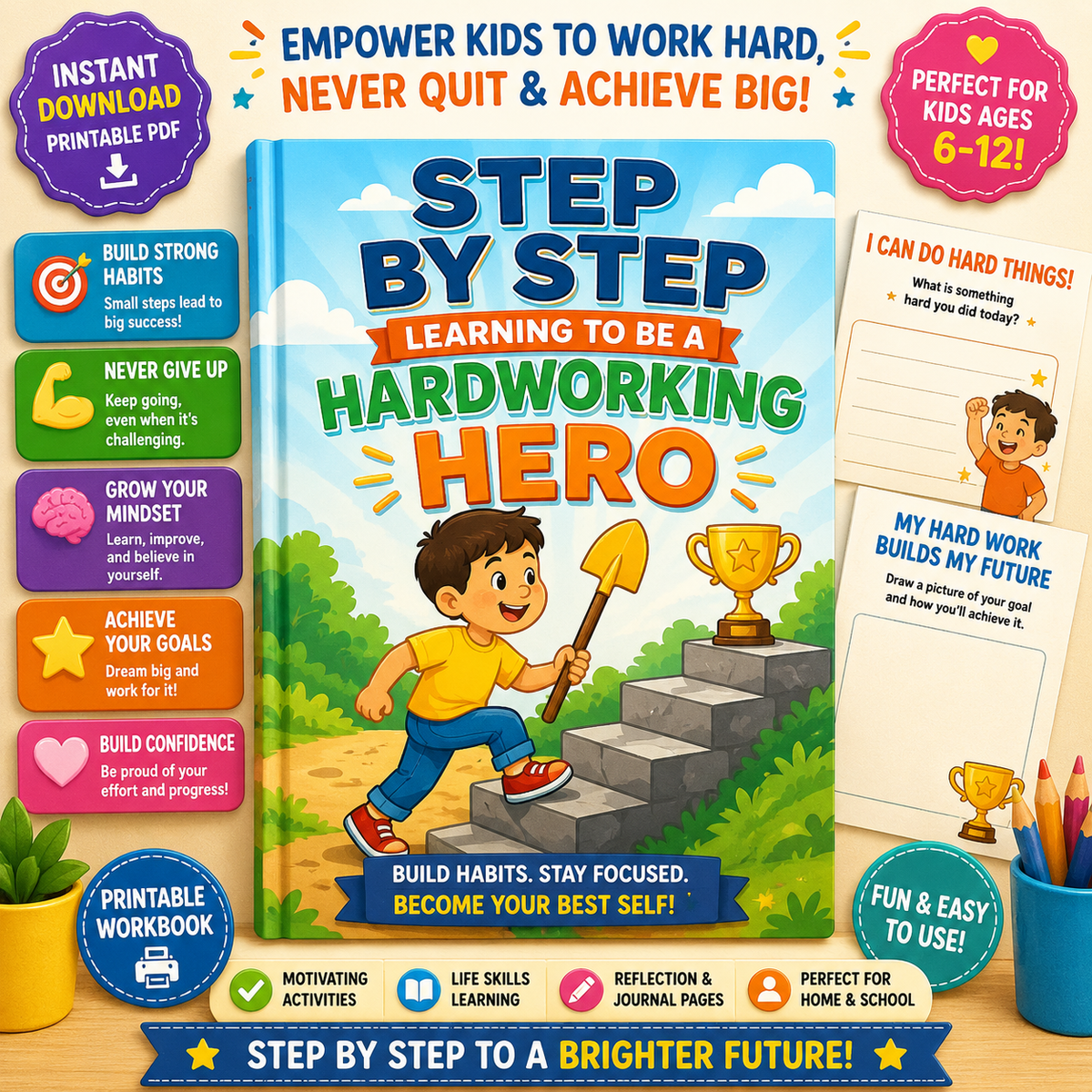 Step by Step: Learning to Be a Hardworking Hero – Character Building Workbook for Kids | Hard Work, Responsibility & Positive Habits | Elementary Life Skills Printable