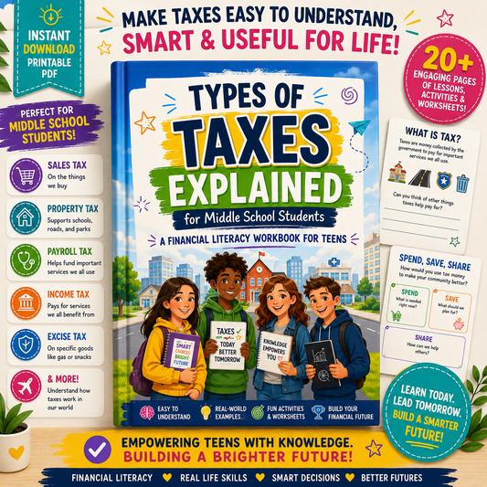 Types of Taxes for Middle Schoolers | Financial Literacy Workbook for Kids | Introduction to Taxes & Economics | Printable Money Lessons PDF