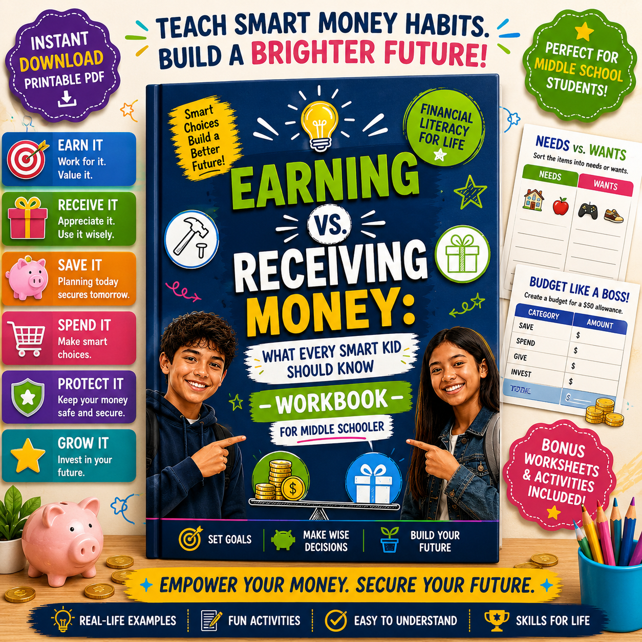Earning vs Receiving Money for Middle Schoolers | Financial Literacy Workbook for Kids | Money Management Activities | Printable PDF for Teens