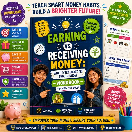Earning vs Receiving Money for Middle Schoolers | Financial Literacy Workbook for Kids | Money Management Activities | Printable PDF for Teens