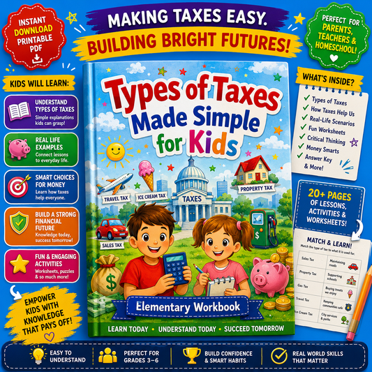 Types of Taxes Made Simple for Kids Workbook | Elementary Financial Literacy Printable | Tax Lessons & Money Skills Activities PDF