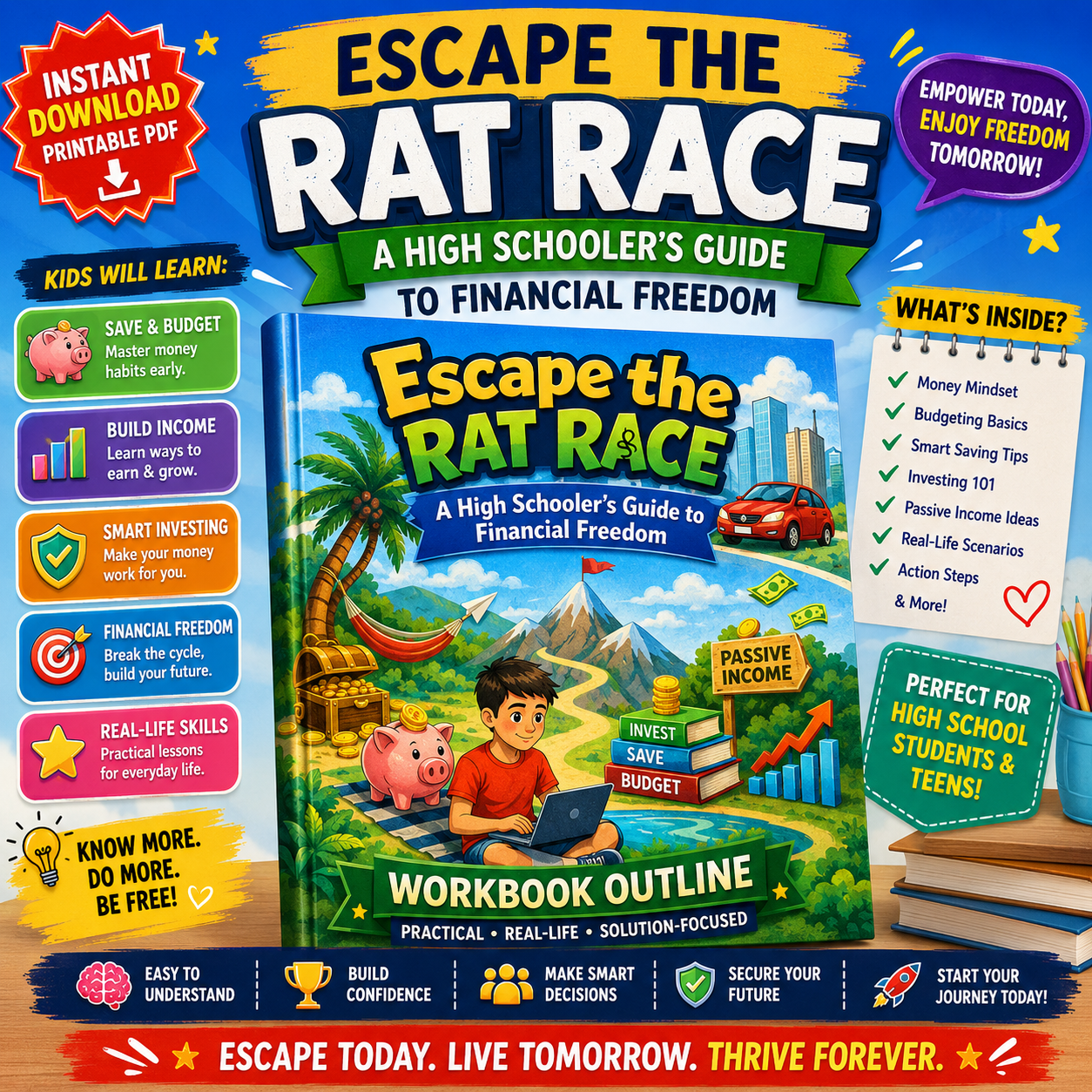 Escape the Rat Race Workbook for High School Students | Teen Financial Literacy Printable | Money Management & Wealth Mindset Activities PDF