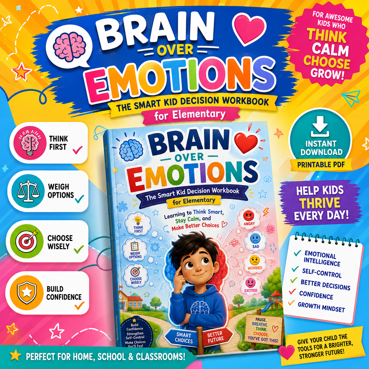 Brain Over Emotion for Elementary Kids | Social Emotional Learning Workbook | Emotional Intelligence Activities | Printable Mindset & Self-Control PDF