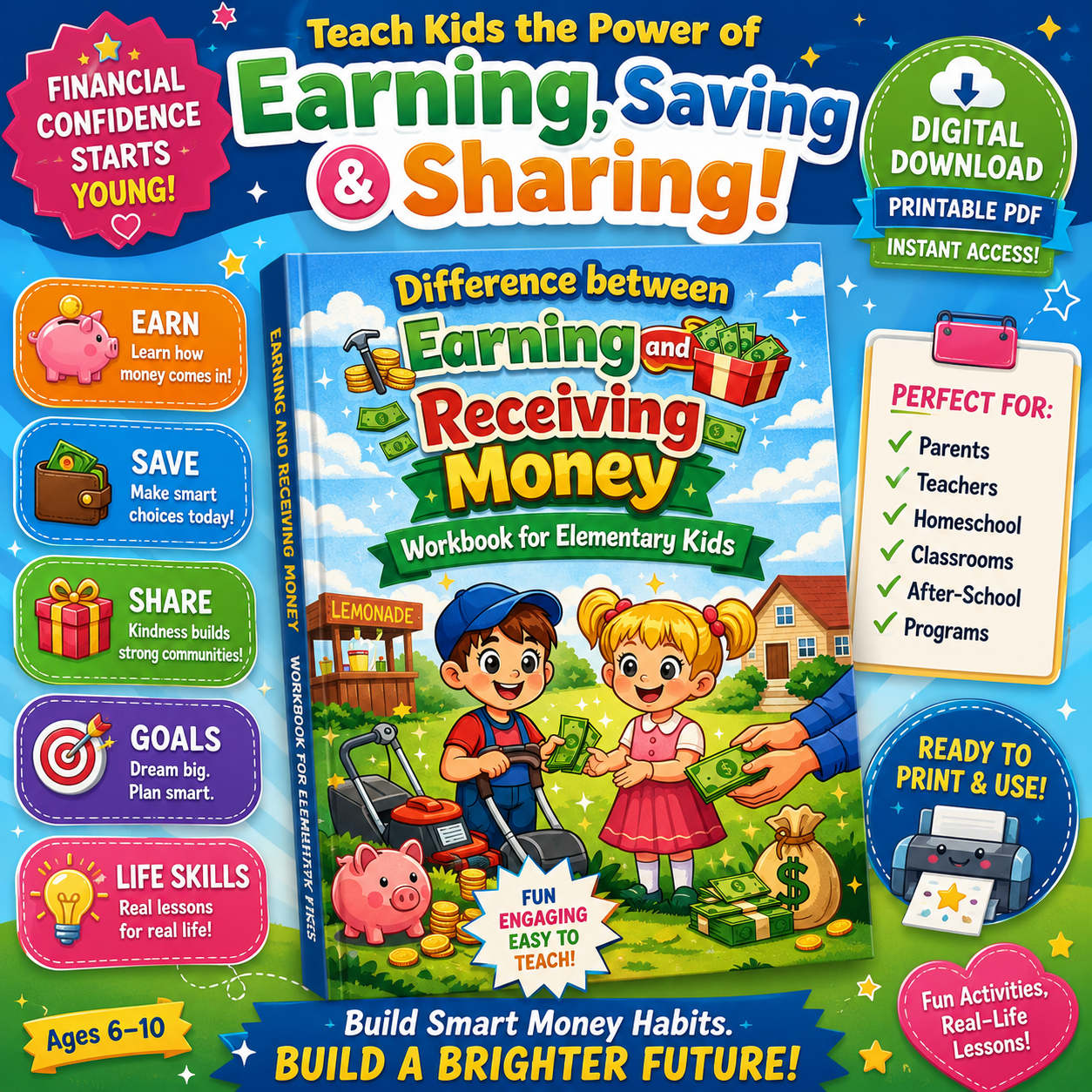 Difference Between Earning and Receiving Money Workbook for Kids | Elementary Financial Literacy | Money Skills Printable