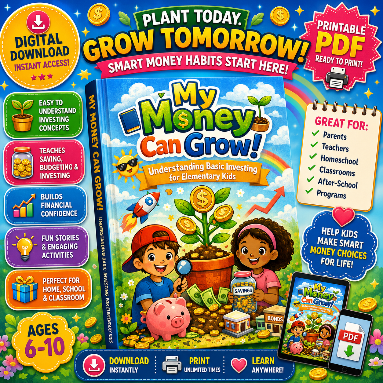 My Money Can Grow! Elementary Workbook | Financial Literacy for Kids | Saving & Investing Basics | Money Skills Printable