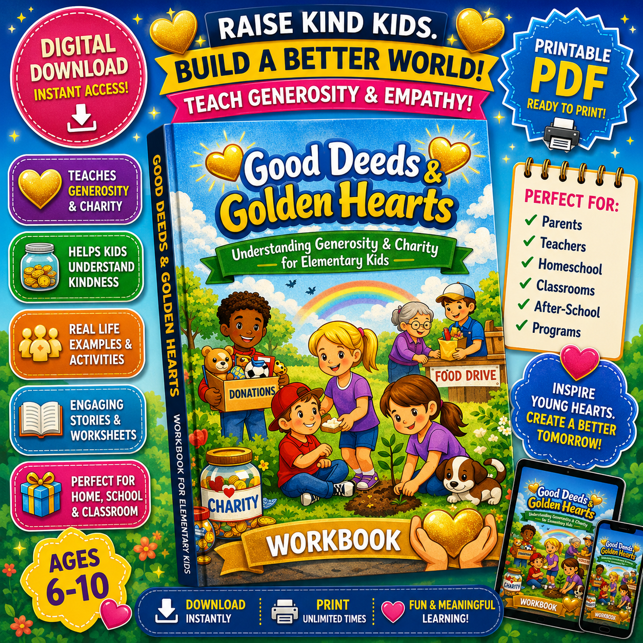 Good Deeds and Golden Heart Workbook for Kids | Kindness & Character Building Activities | Social Emotional Learning Printable