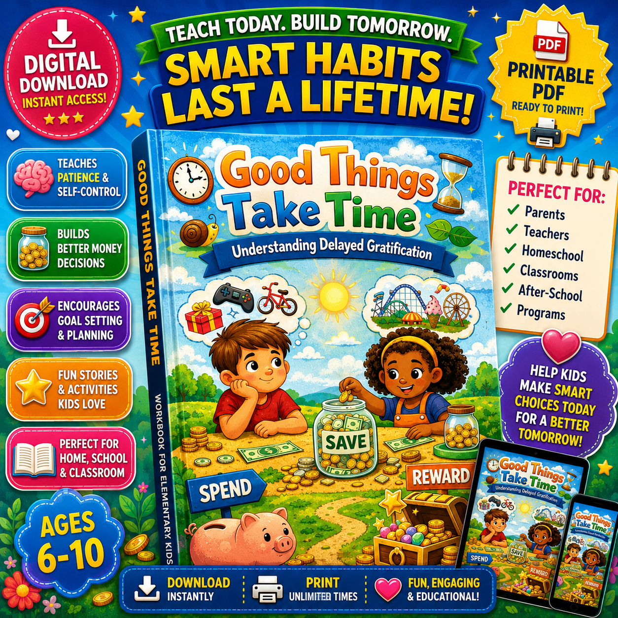 Understanding Delayed Gratification Workbook for Kids | Good Things Take Time Activity Book | Financial Literacy Printable | Self-Control Lessons