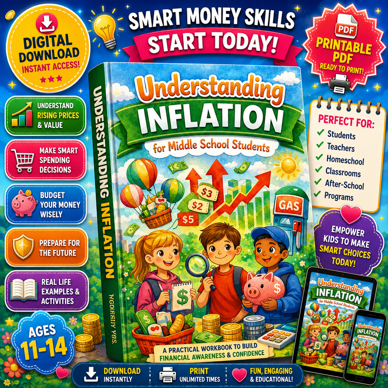Understanding Inflation Middle School Workbook | Financial Literacy for Kids | Money Management Activity Book | Economics for Middle School Printable