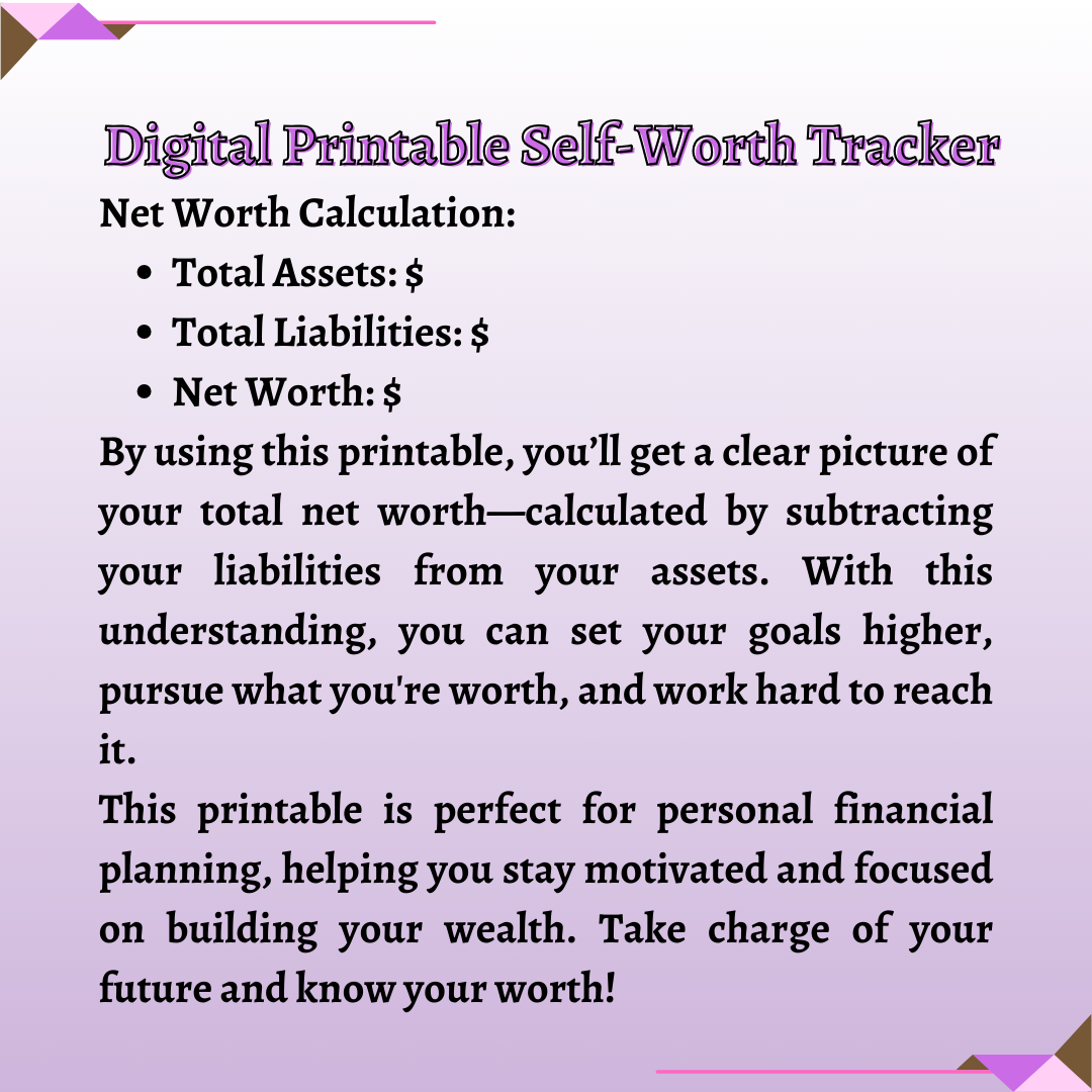 Digital Printable Self-Worth Tracker Building Worth Tracker