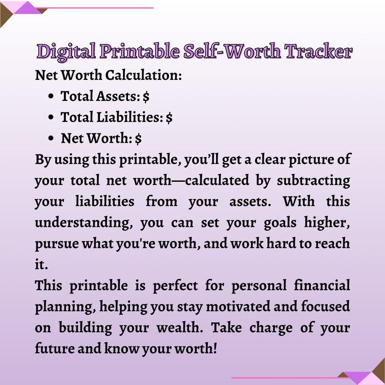 Digital Printable Self-Worth Tracker Building Worth Tracker