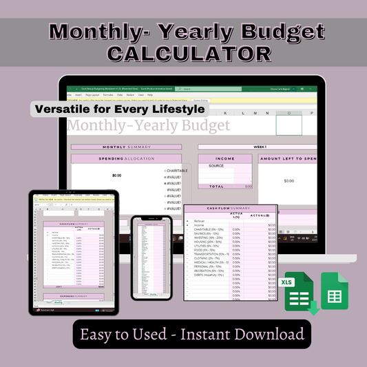 Weekly - Monthly - Annual Budget Calculator V1 Expenses Tracker Cashflow Total Summary Spending Allocation Monthly Cashflow Weekly Budget