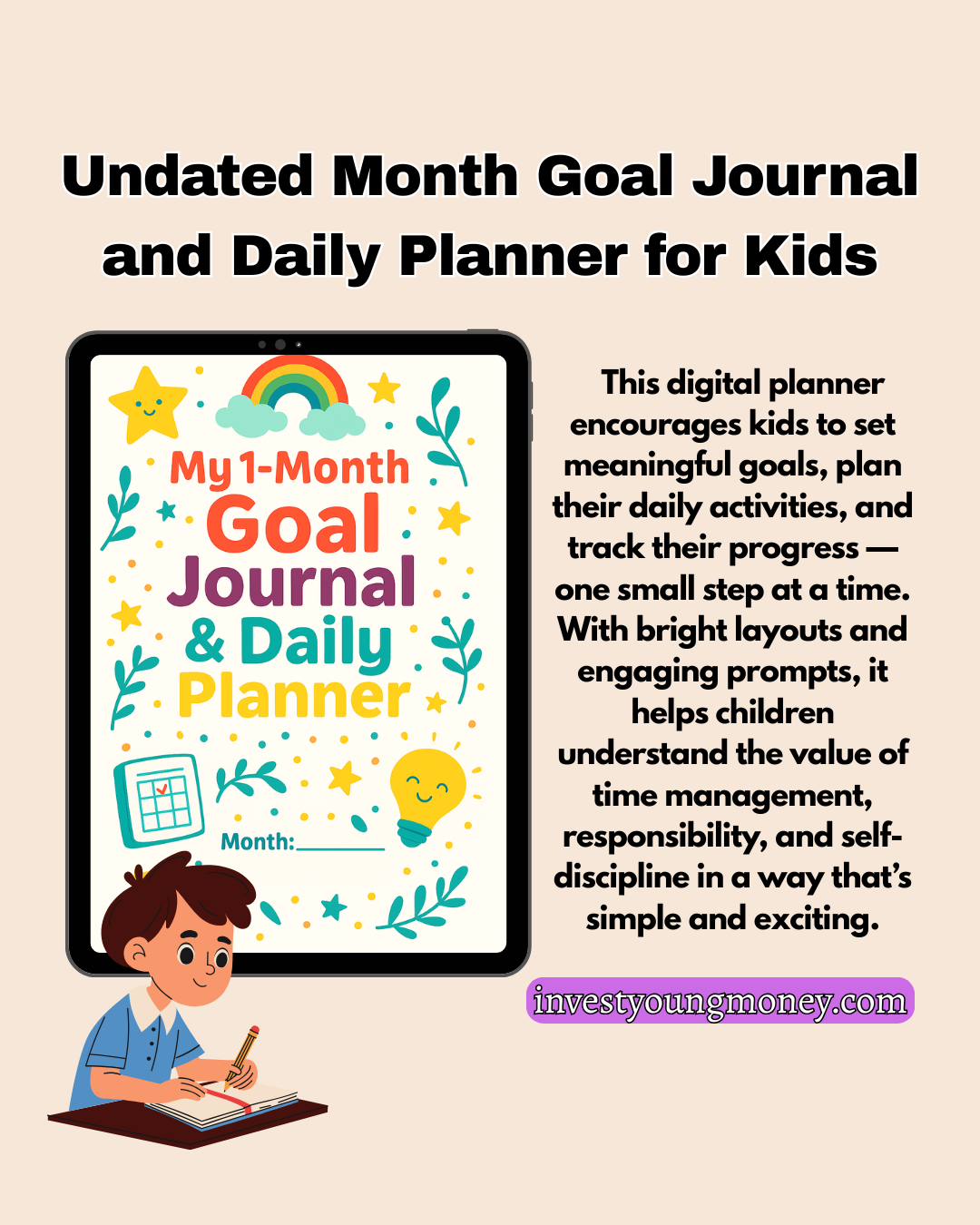 1-Month Goal Journal and  Daily Planner for Kids | Printable Goal Setting and Productivity Workbook | Motivation and  Focus Organizer