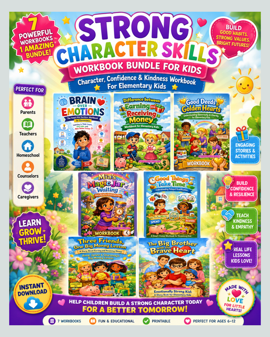 Strong Character Skills Workbook Bundle for Kids Character, Confidence & Kindness Workbook Bundle for Elementary Kids  Printable PDF | Social-Emotional Learning (SEL) | Life Skills Activities | Digital Download