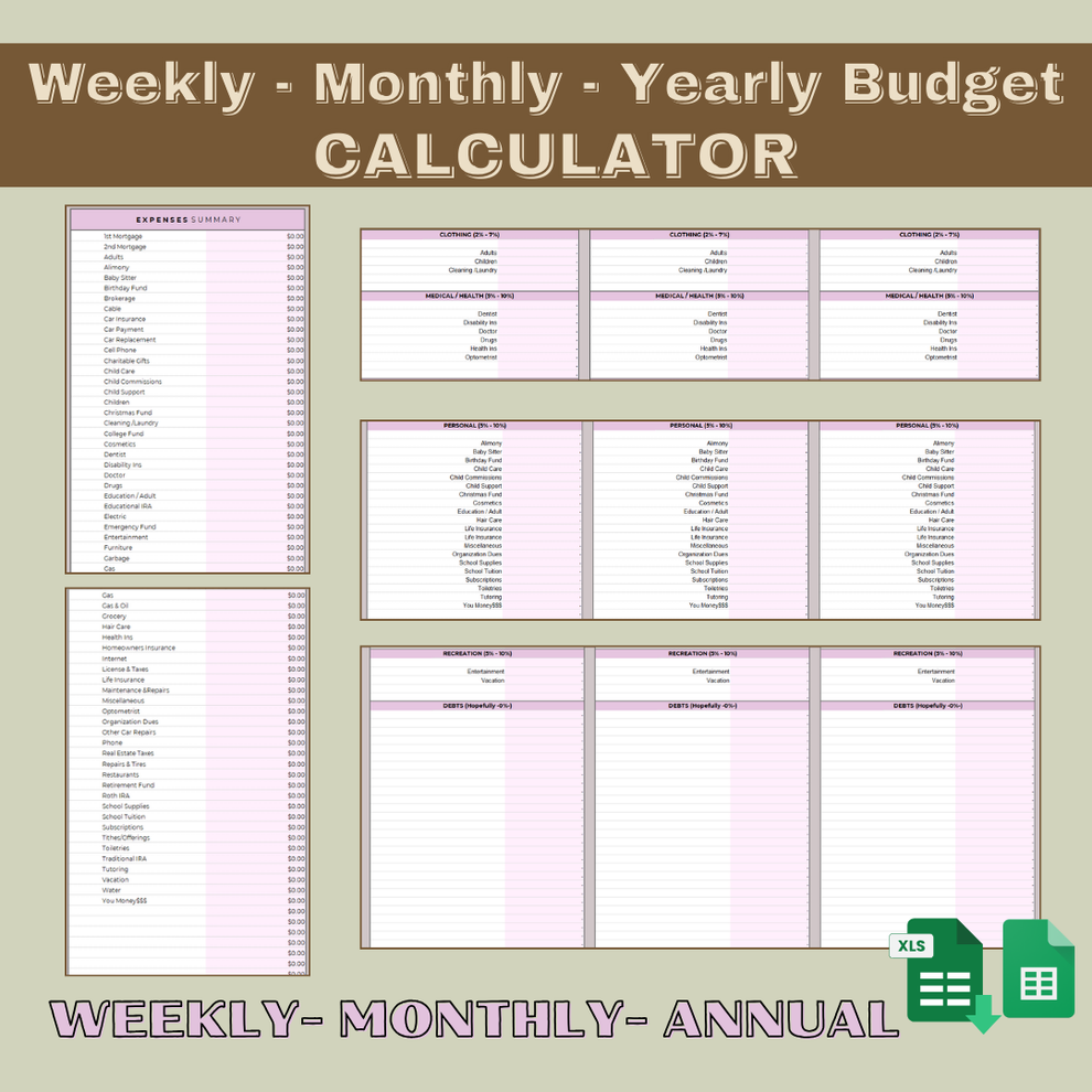 Weekly Monthly Annual Budget Calculator V2 Spreadsheet Excel Google Sh ...