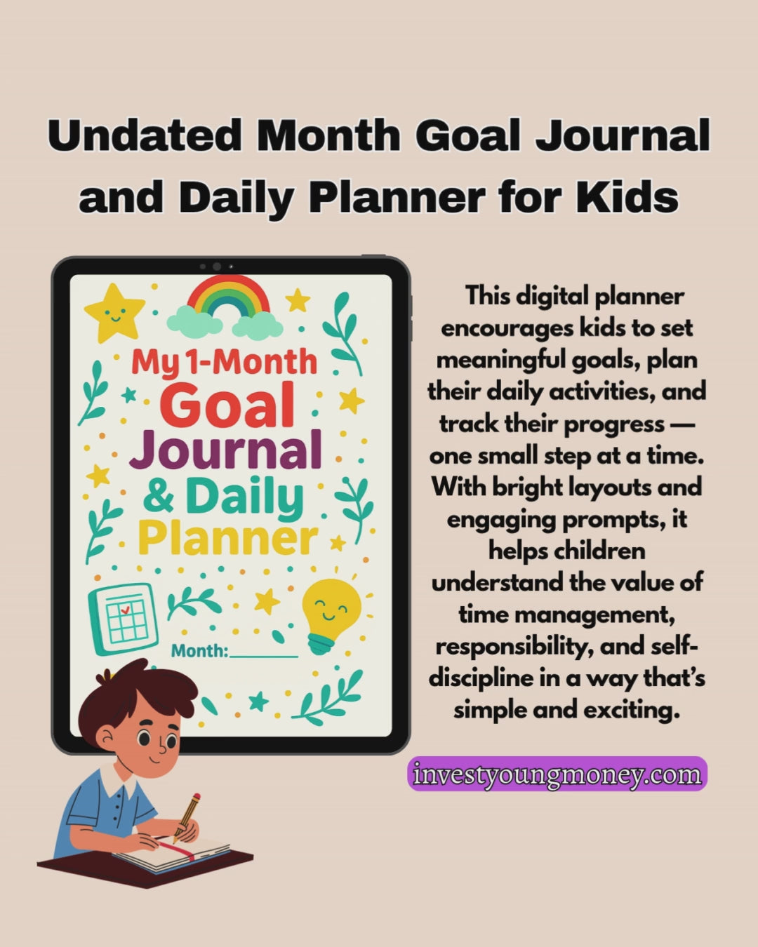1-Month Goal Journal and  Daily Planner for Kids | Printable Goal Setting and Productivity Workbook | Motivation and  Focus Organizer